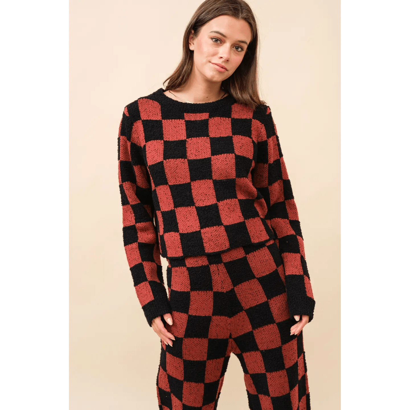 Wide-Leg Checkerboard Knit Co-ord Set