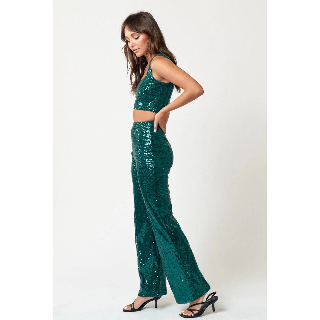 Sequin Crop Top & Wide-Leg Pants Set