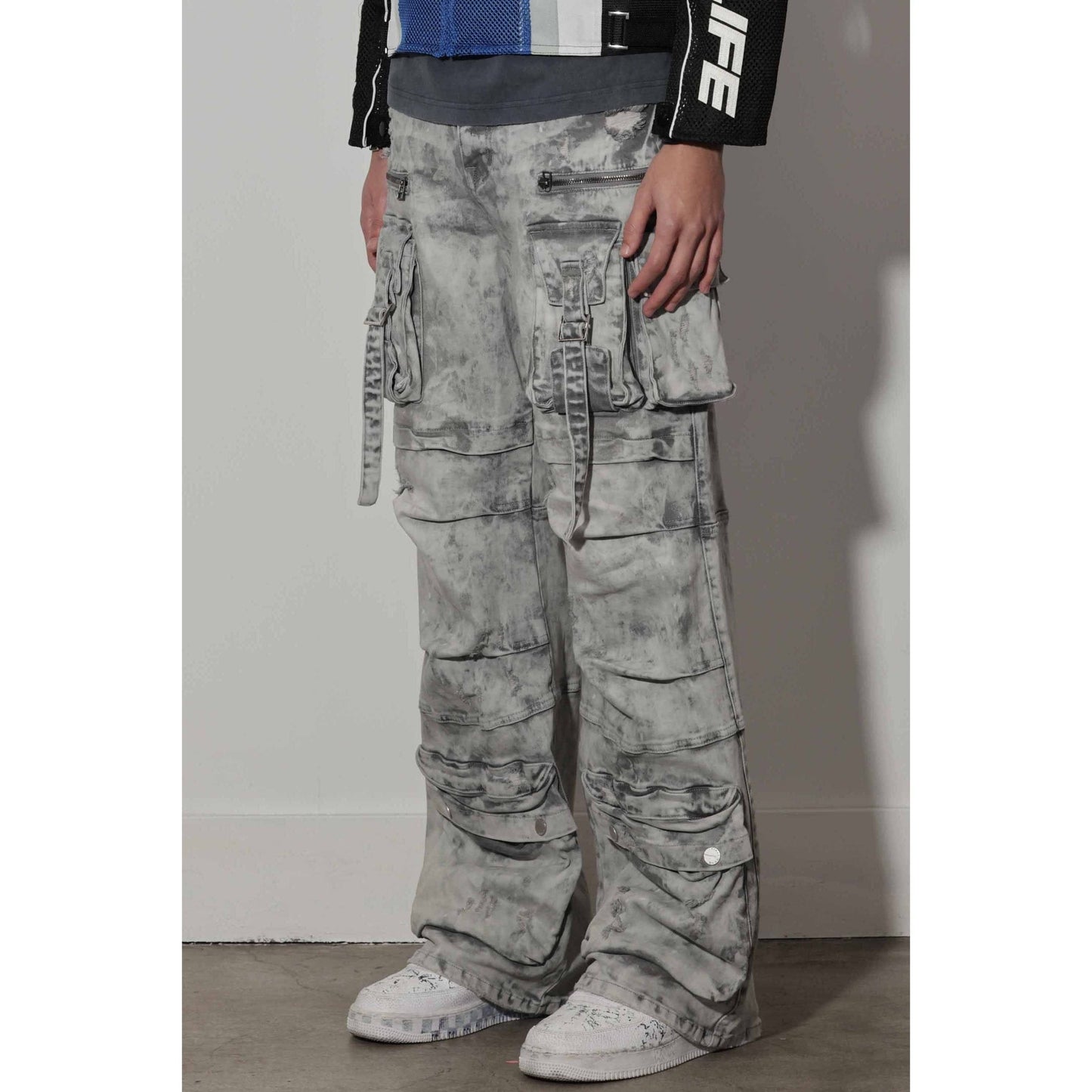 Marble-Wash Wide-Leg Utility Pants