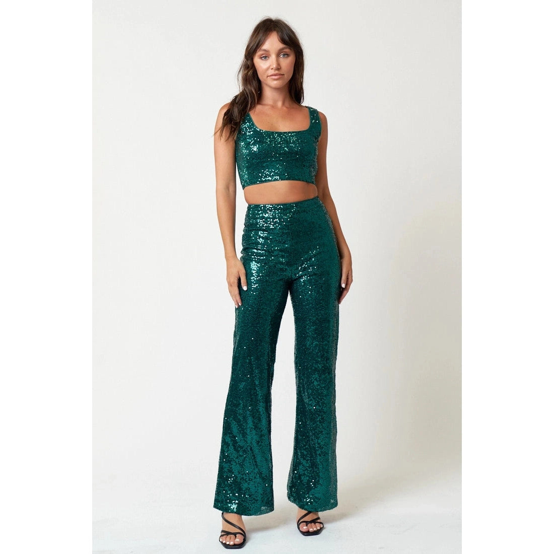 Sequin Crop Top & Wide-Leg Pants Set