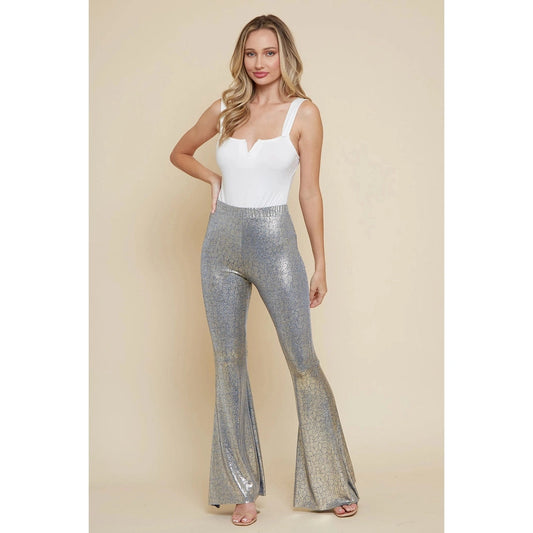 Metallic Silver Snakeskin Flared Pants