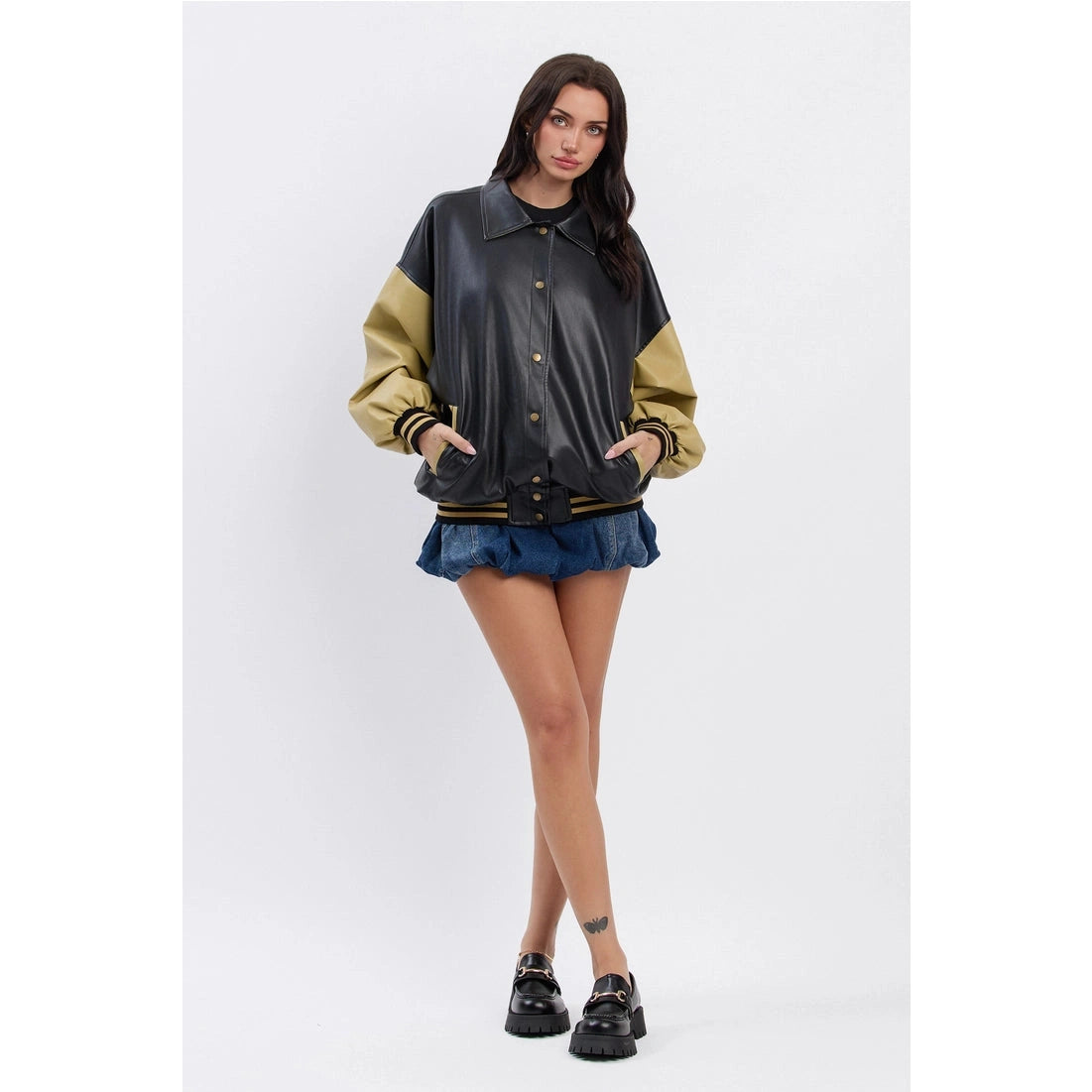 Two-Tone Leather Bomber Jacket