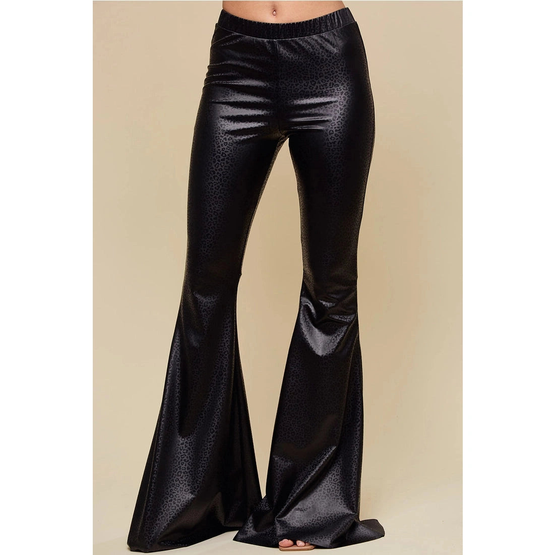 Glossy Black Leopard Print Flare Pants