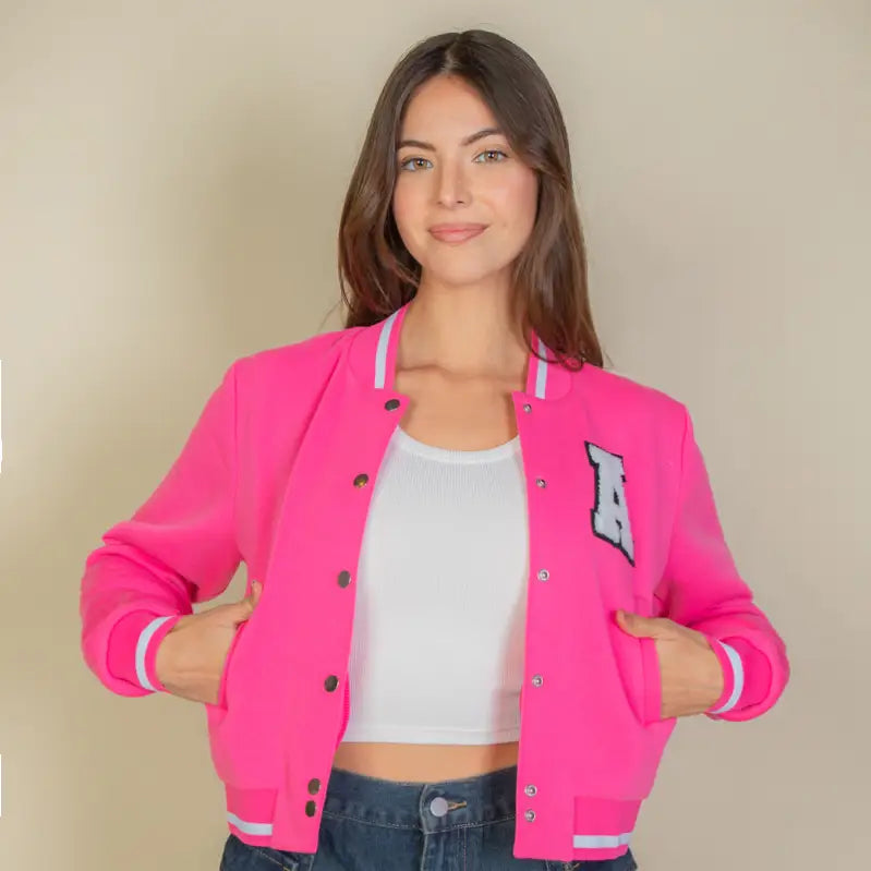 Bold Pink Varsity Jacket with "A" Patch