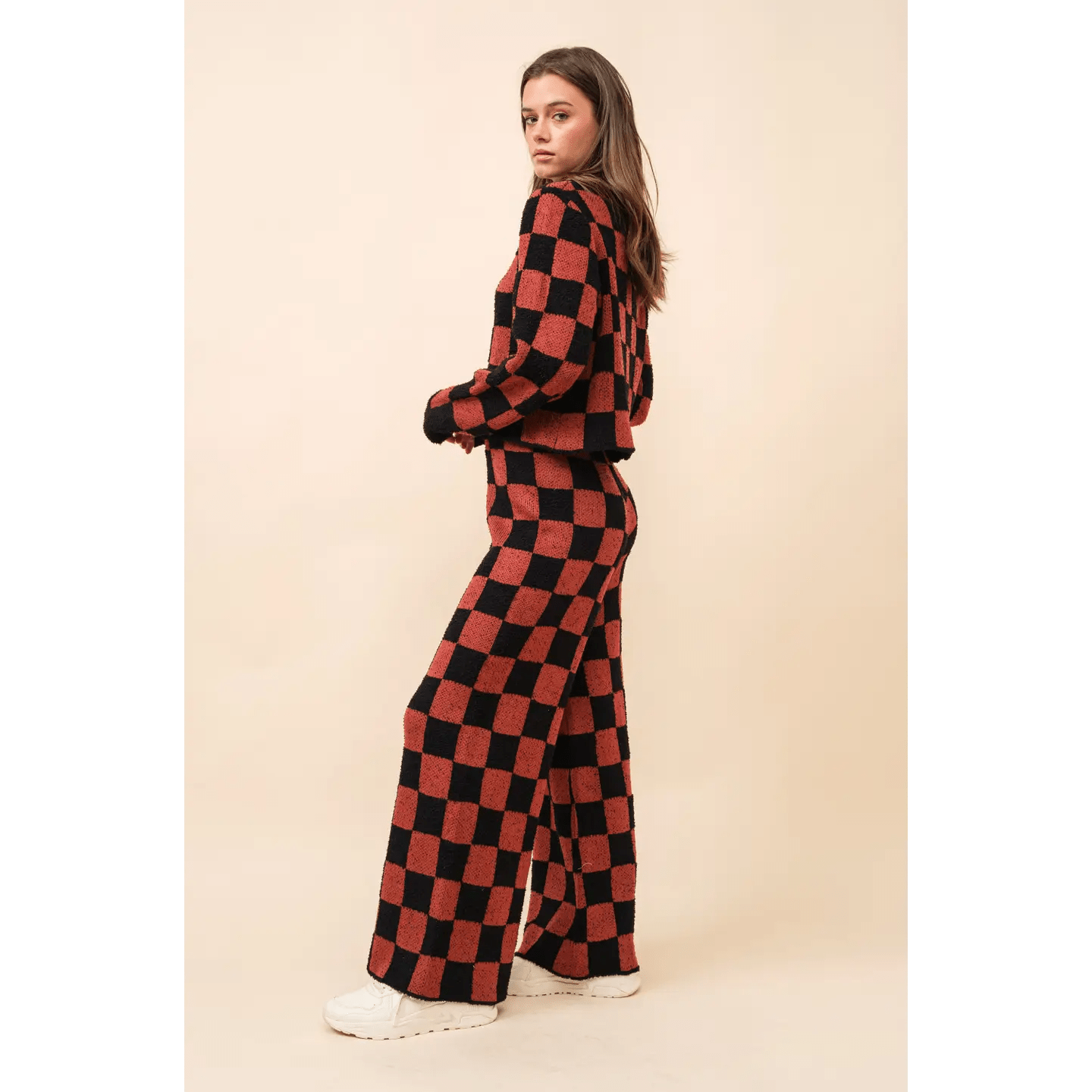 Wide-Leg Checkerboard Knit Co-ord Set