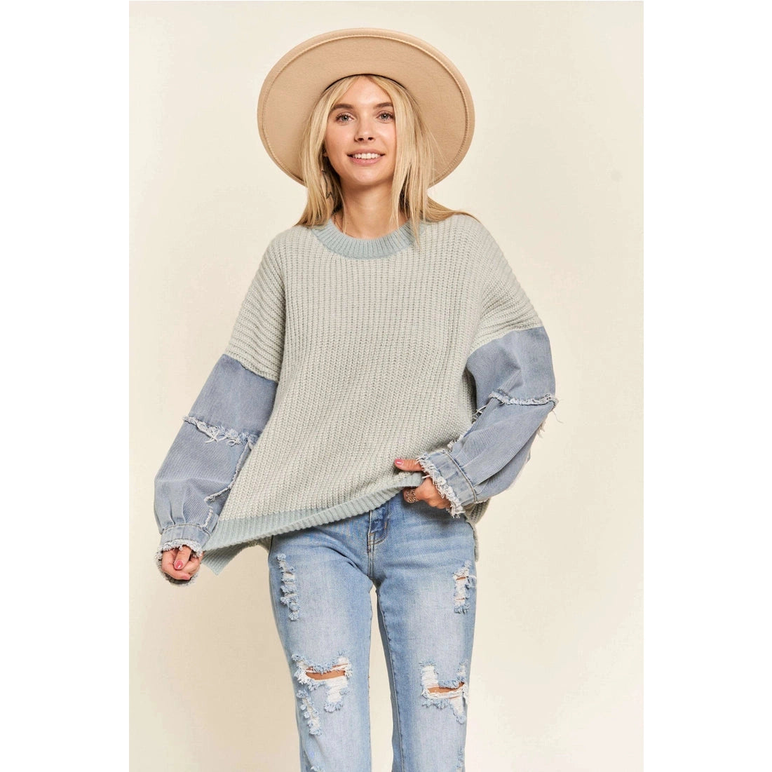 Chic Denim Patchwork Knit Sweater