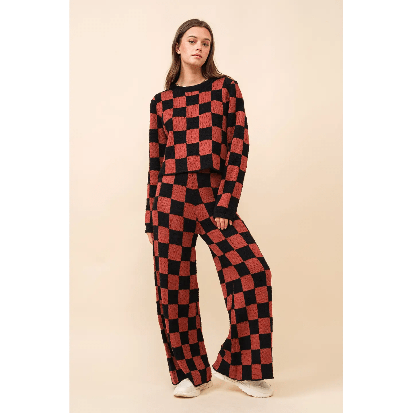 Wide-Leg Checkerboard Knit Co-ord Set