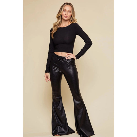 Glossy Black Leopard Print Flare Pants