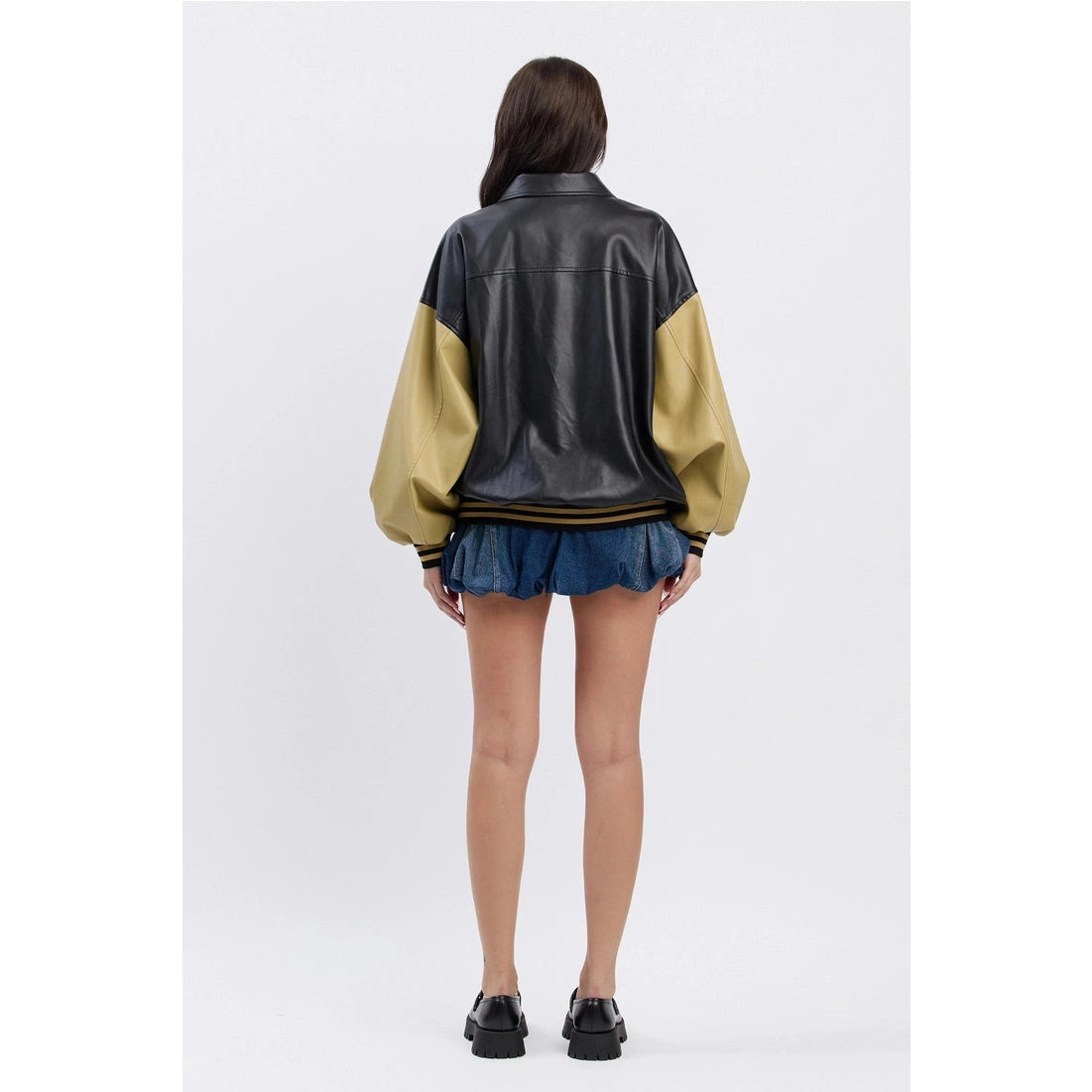 Two-Tone Leather Bomber Jacket