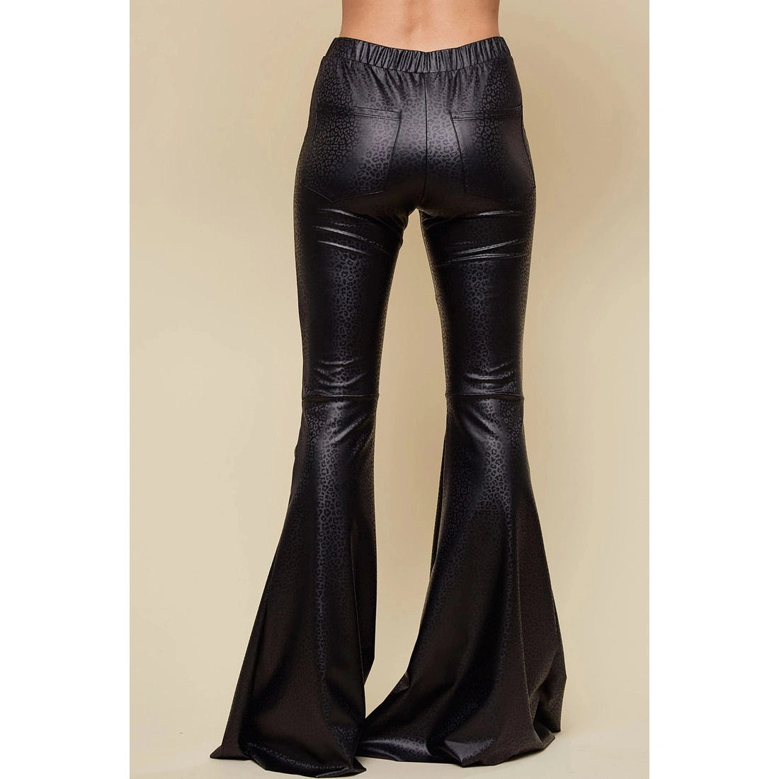 Glossy Black Leopard Print Flare Pants