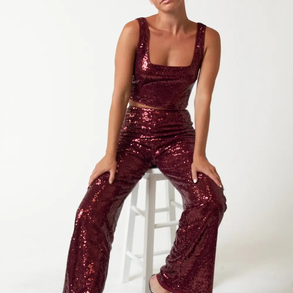 Sequin Crop Top & Wide-Leg Pants Set