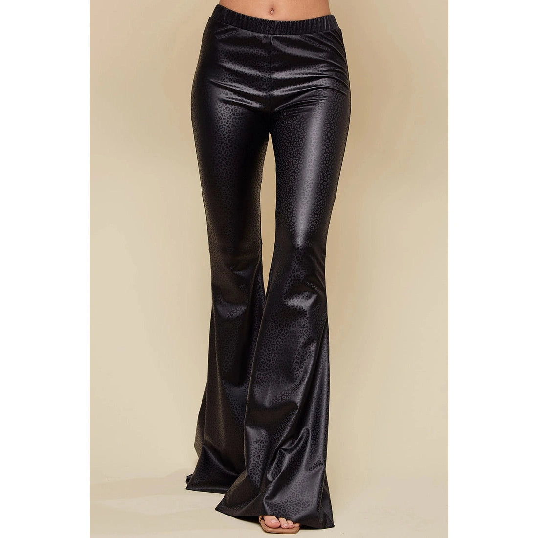 Glossy Black Leopard Print Flare Pants