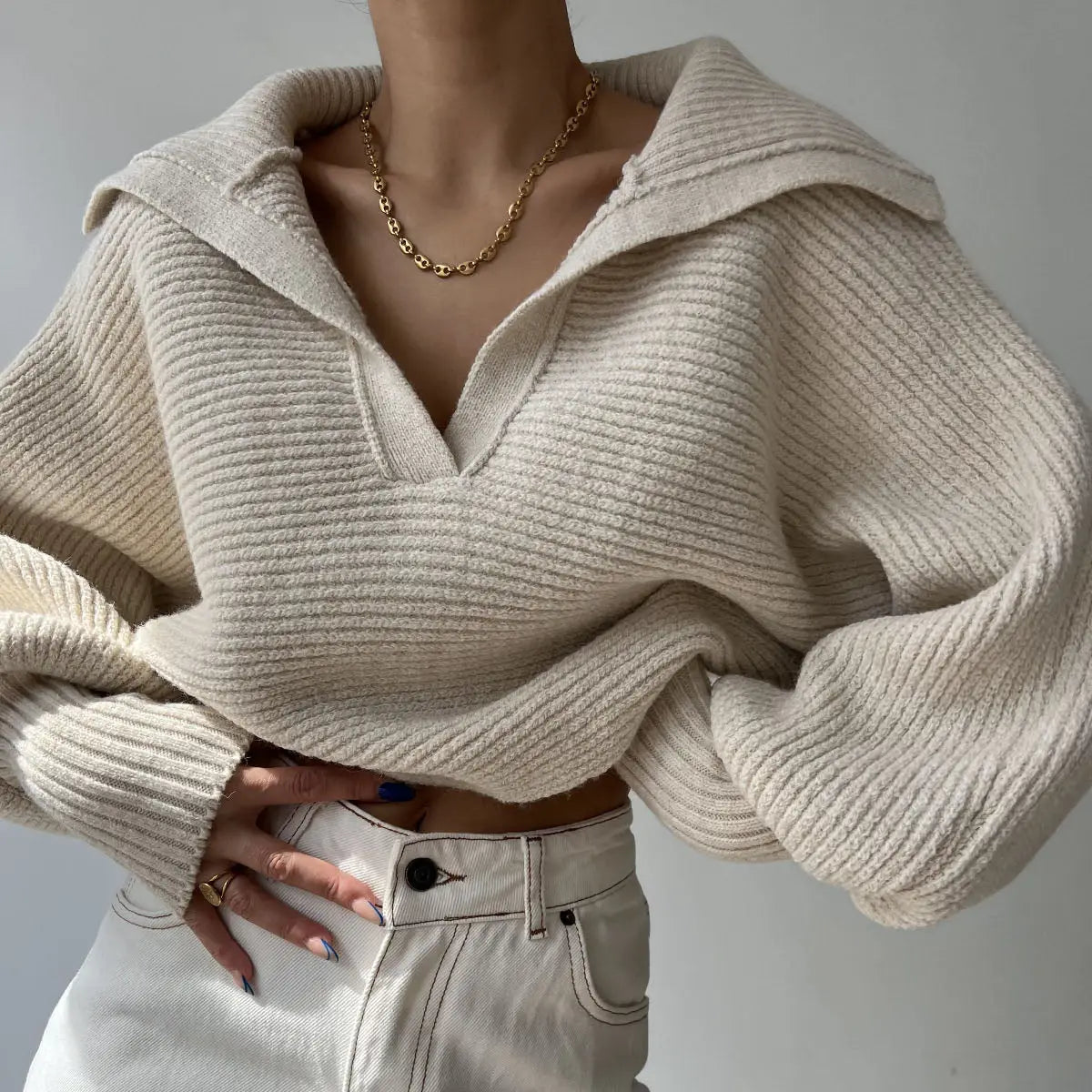 Collared Ribbed Knit Sweater