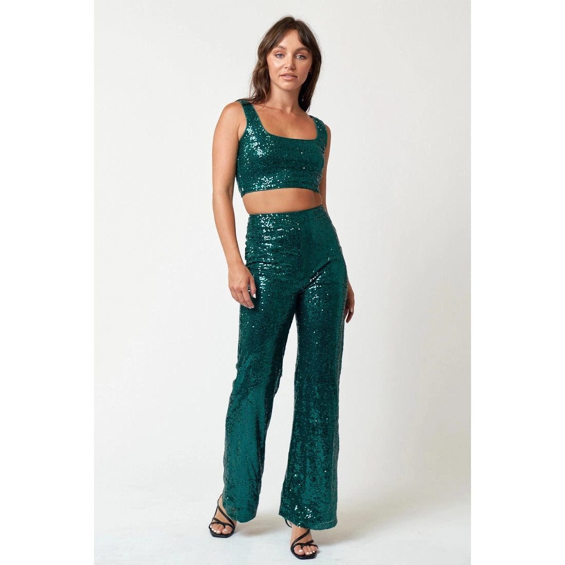 Sequin Crop Top & Wide-Leg Pants Set