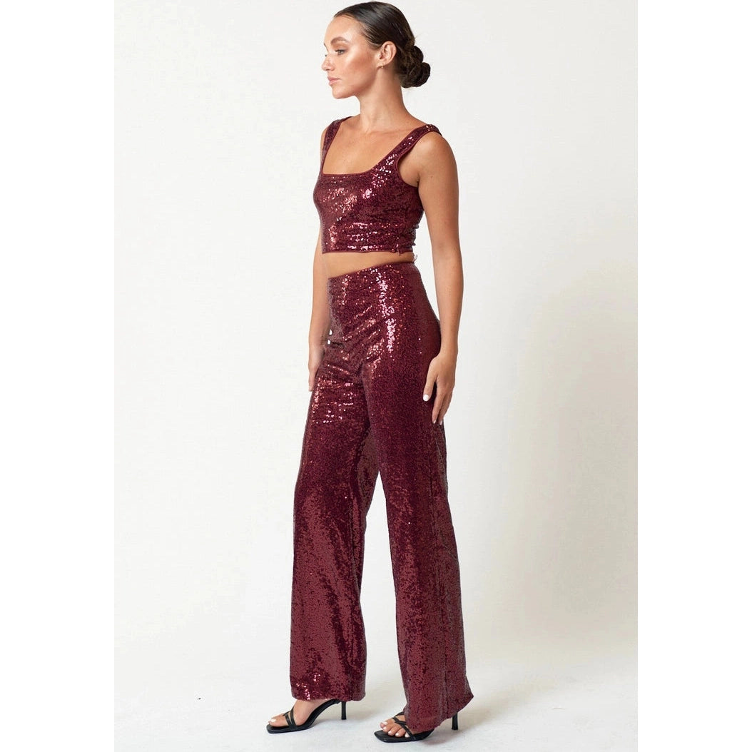 Sequin Crop Top & Wide-Leg Pants Set