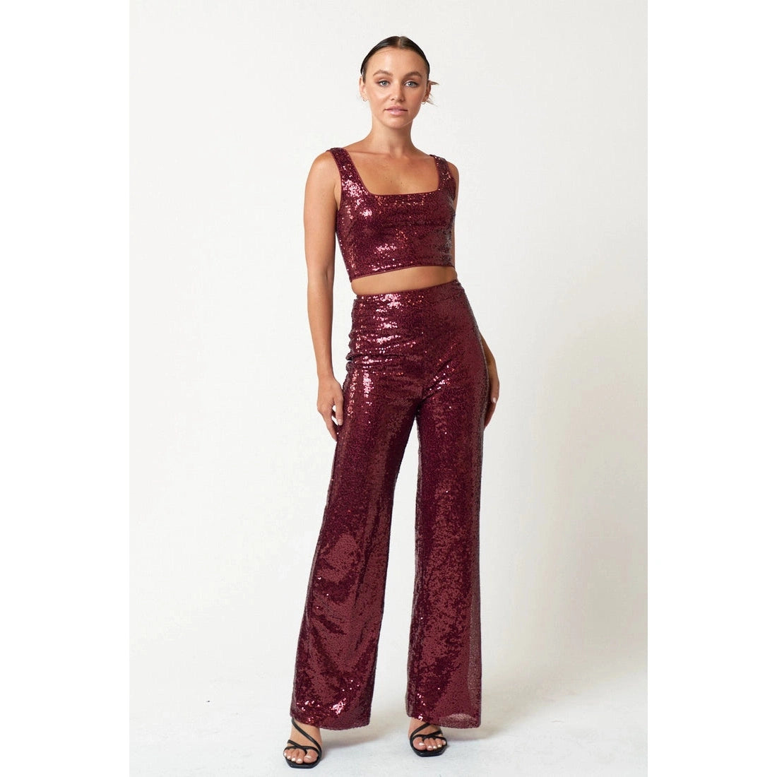 Sequin Crop Top & Wide-Leg Pants Set