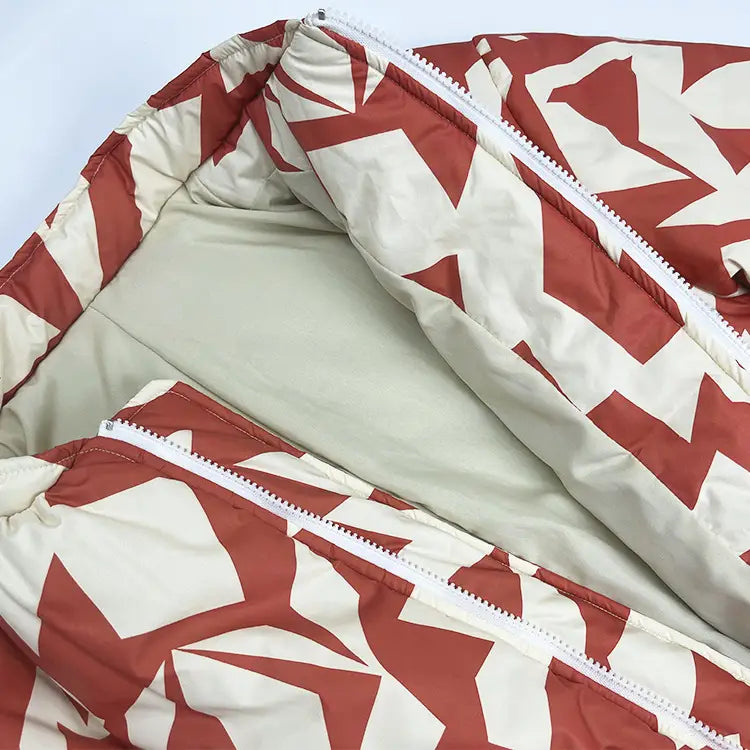 Bold Red Patterned Puffer Jacket